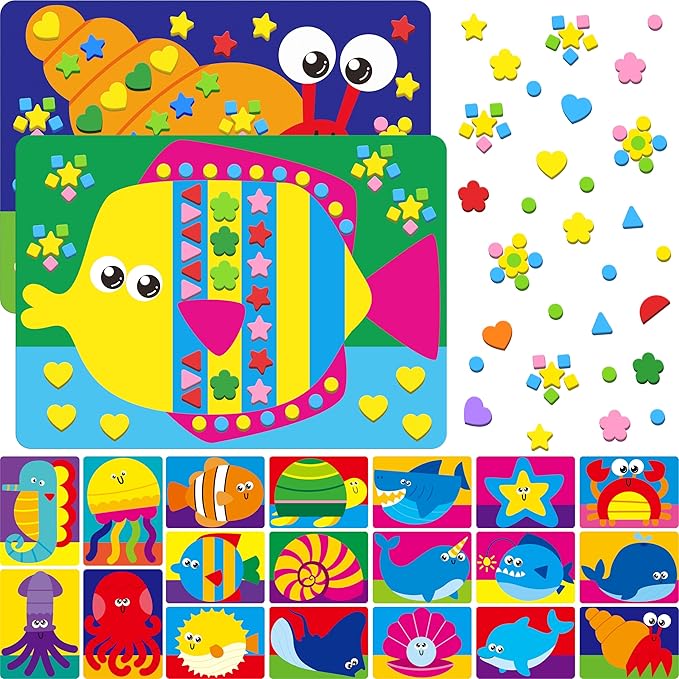 Foam Sticker Art Activity, 20 Marine Animals with 1660 Foam Stickers in 10 Colors Fun with DIY Activity Craft Kits Travel Game for Kids, Boys & Girls