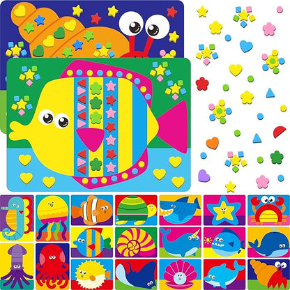 Foam Sticker Art Activity, 20 Marine Animals with 1660 Foam Stickers in 10 Colors Fun with DIY Activity Craft Kits Travel Game for Kids, Boys & Girls