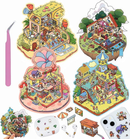 DIY 3D House Stickers, 4 Sets Fun DIY Stickers Scene Make Your Own Mini House Cute Cartoon Animal Scene Stickers for Kids Adult Sticker Art Relief Stress Pass The Time