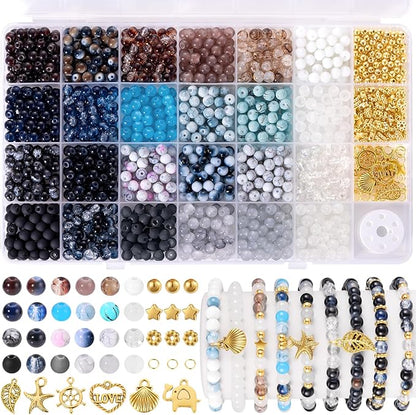 Funtopia Glass Beads for Jewelry Making, 1377pcs Neutral Tones Bracelet Making Kit, 24 Colors 6mm Round Glass Beads, Marble Loose Beads and Gold Spacer Beads, DIY Crafts Gifts for Women Men