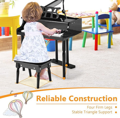 HONEY JOY Classical Kids Piano, 30-Key Mini Grand Piano with Music Stand and Bench, Wooden Musical Instrument Toy w/Lid & Music Rack, Gift for Boys Girls Ages 3+ (3 Straight Leg-Black)