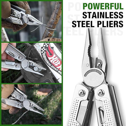 SHALL Multi Tool, 18-in-1 Multitool Pliers, Stainless Steel Multi-tool Pocket Knife w/Screwdriver Bit & Universal Socket, Self-locking Multipurpose Tool w/Sheath for Camping Fishing Survival Hunting