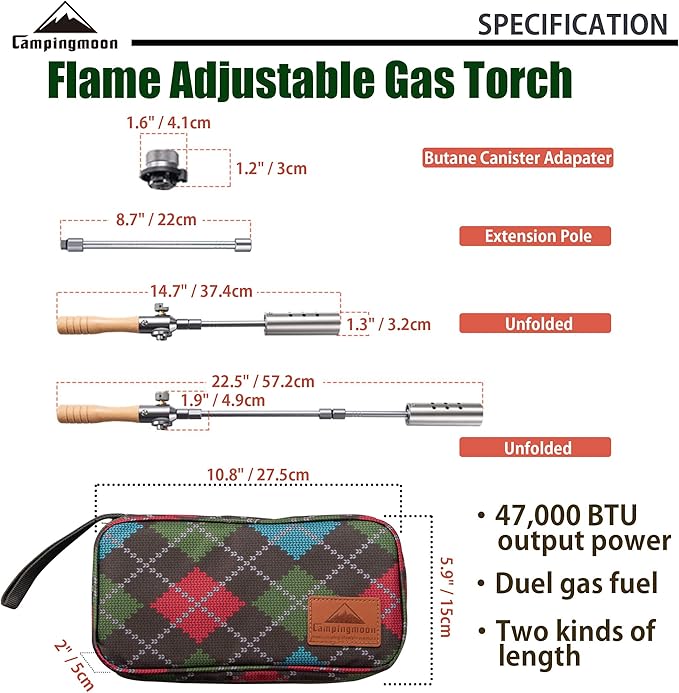 CAMPINGMOON Camping Grill Torch Dual Fuel Head Flame Adjustable for Charcoal Starter with Storage Case MT-3955/I-1010 (Butane + Isobutane)
