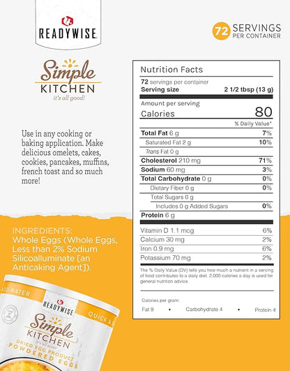 READYWISE - Simple Kitchen, Powdered Eggs, 72 Servings, Emergency Supply, Dehydrated Food, Baking Supplies, Camping Meals, Survival Food, 10 Can Egg Powder, Dehydrated Eggs Powder