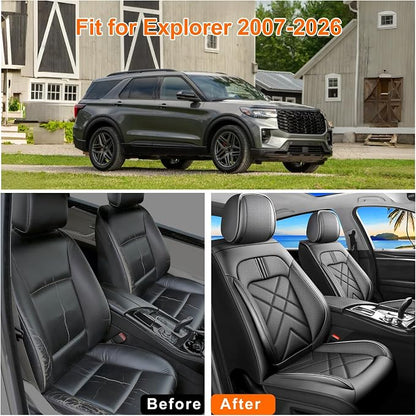 Explorer Car Seat Covers Custom Fit for Ford Explorer 2004-2026, Full Coverage Leather Waterproof Breathable Seat Covers Full Set, Automotive Seat Protectors, Airbag Compatible (Full Set Black)