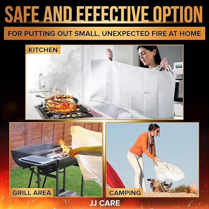 JJ CARE Fire Blanket ??4 Packs with Hooks and Gloves ??40??x 40??Fire Blankets Emergency for Home and Kitchen, High Heat Resistant and Flame Protection for Kitchen, Car, Office, Camping & Home Safety