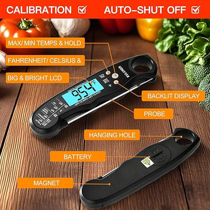 KULUNER TP-01 Waterproof Digital Instant Read Meat Thermometer with 4.6 Folding Probe Backlight Calibration Function for Cooking Food Candy, BBQ Grill, Liquids,Beef(Black)