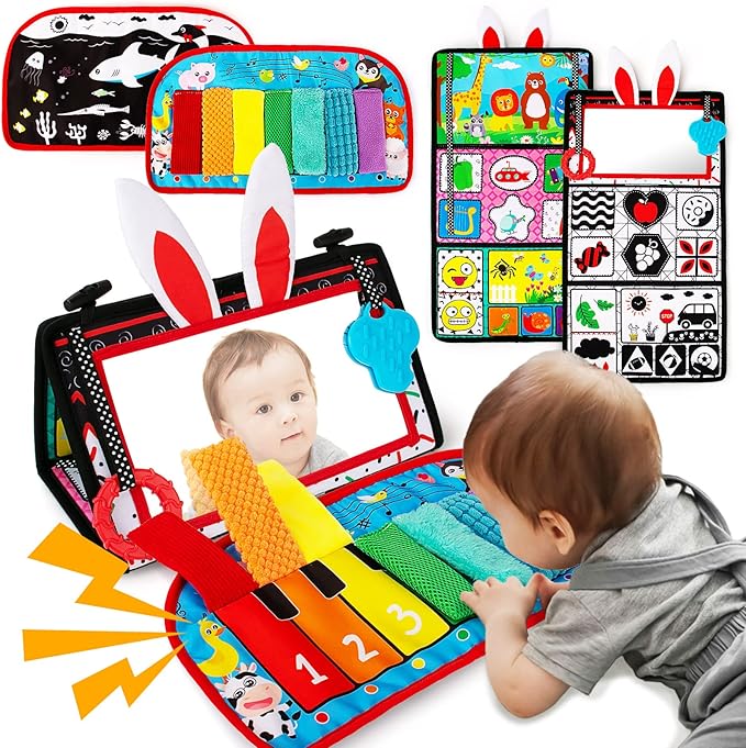 Tummy Time/Baby Mirror Toys, Black and White High Contrast Tabletop Mount Baby Newborn Toys 0 3 6 Months Brain Development, Sensory Texture Piano Infant Toys 0 3 6 Months with Squeaker