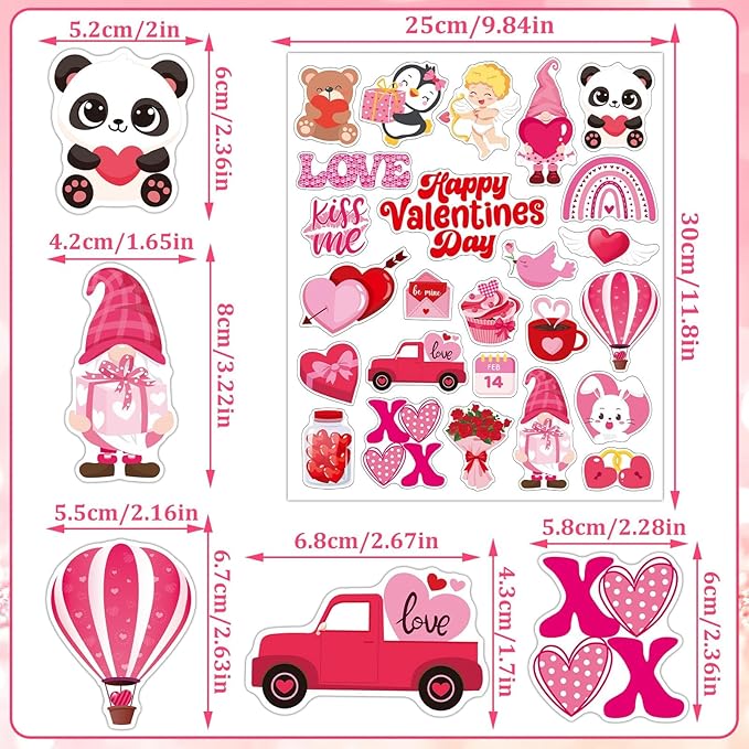 MARFOREVER 50 PCS Valentine's Day Gel Window Clings Stickers Reusable Cartoon Heart Love Rose Thick Gel Clings Decals for Valentine's Day Kids Classroom Party Window Glass Decoration