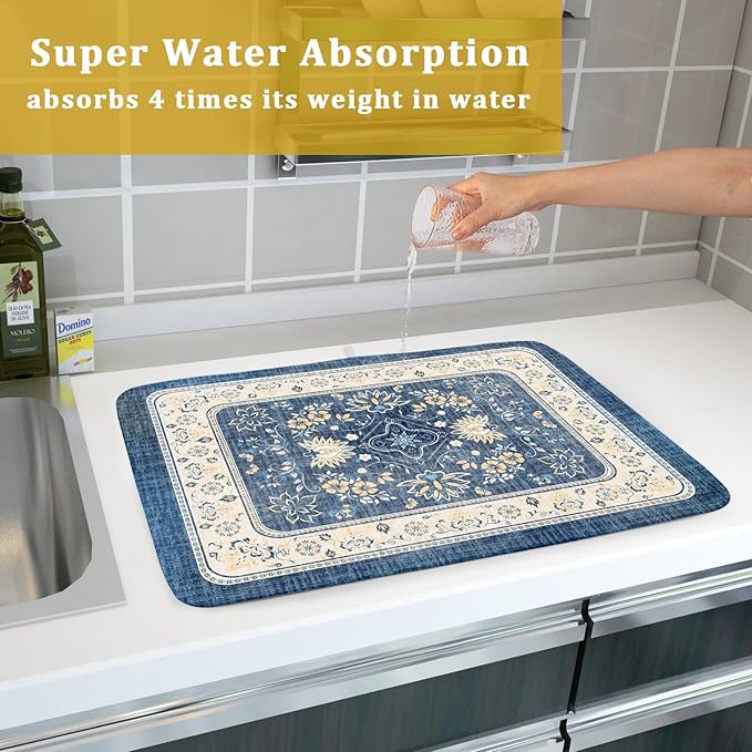 Blue Boho Dish Drying Mat for Kitchen Counter 18x24 Inch Fast Dry Drying Pad