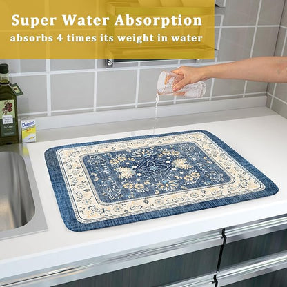 Blue Boho Dish Drying Mat for Kitchen Counter 18x24 Inch Fast Dry Drying Pad