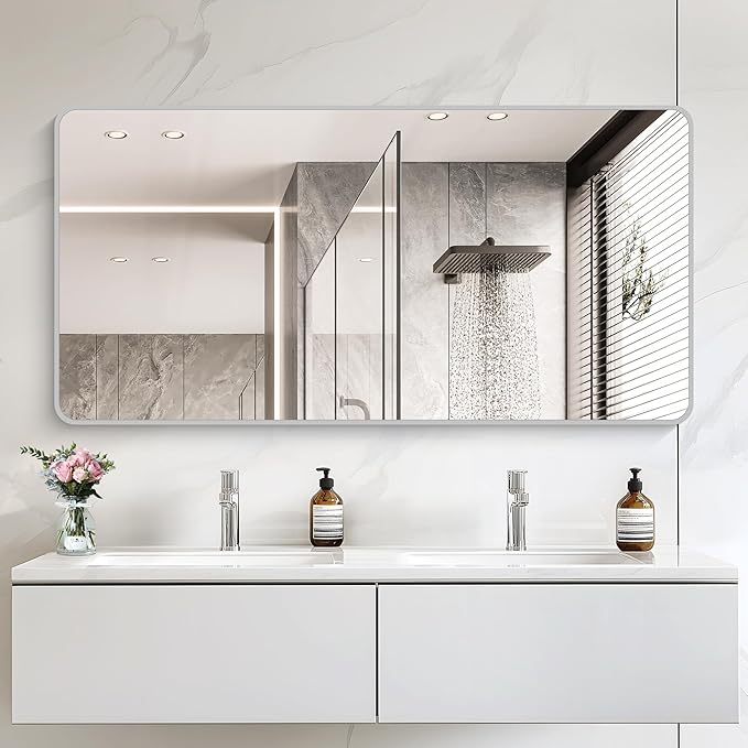30x60 Inch Silver Bathroom Mirror, Large Rectangular Vanity Mirror, Metal