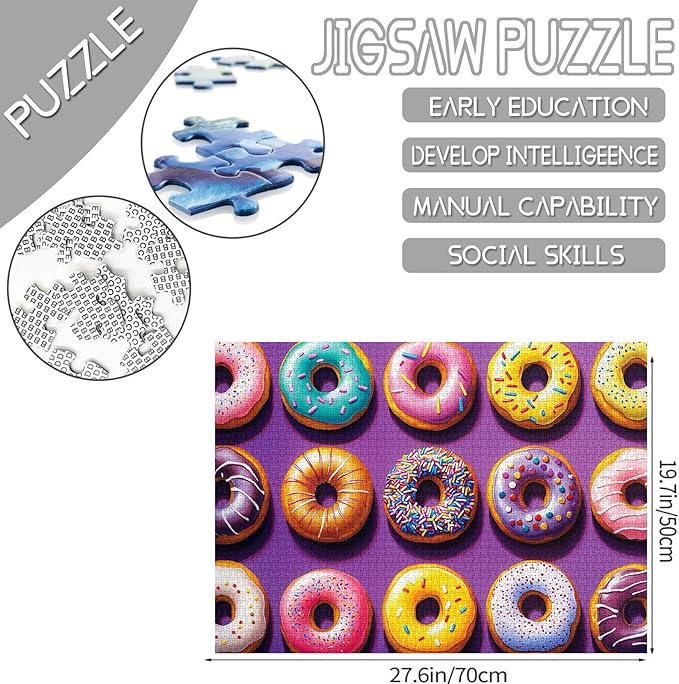 Different Shapes Colors Doughnuts Jigsaw Puzzle 1000 Pieces Puzzles for Adults, Colorful Playful Donut Jigsaw Puzzles for Challenging Family Activity Games DIY Puzzle for Home Decor - 20 x 27 Inches