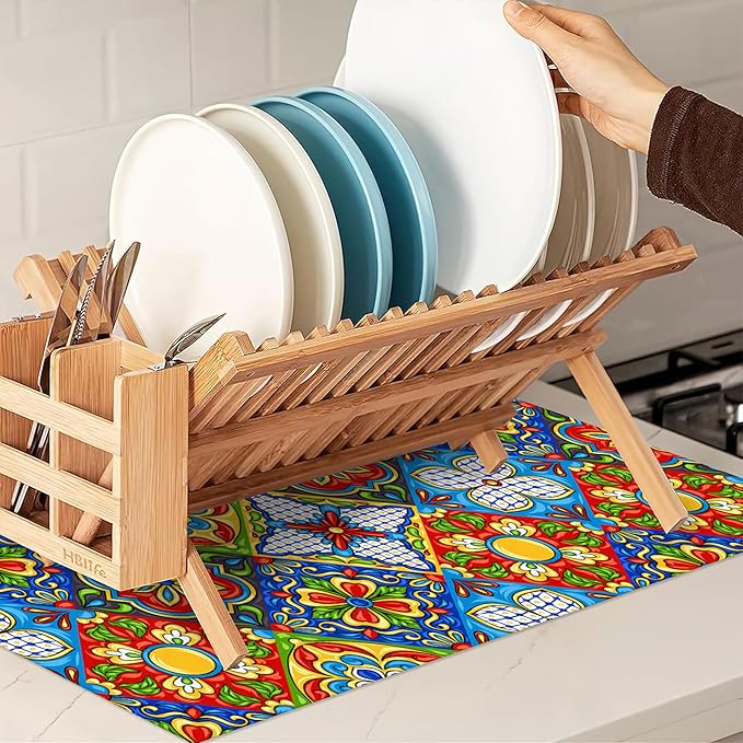Mexican Tile Dish Drying Mat, Boho Tradicion Drying Rack Pad Countertop Dishes