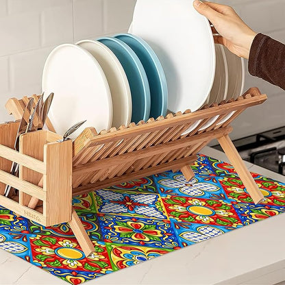 Mexican Tile Dish Drying Mat, Boho Tradicion Drying Rack Pad Countertop Dishes