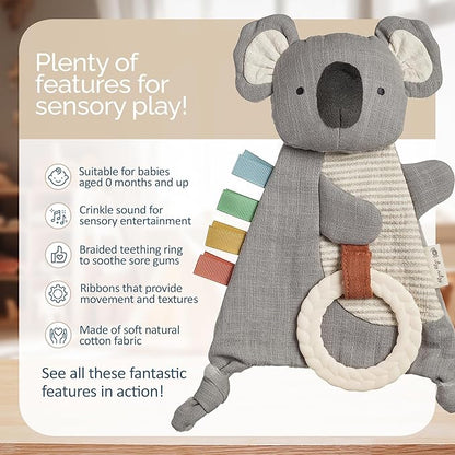 Itzy Ritzy - Bitzy Crinkle Sensory Toy Koala with Crinkle Sound for Babies & Toddlers - Features Soft Braided Teething Ring & Textured Ribbons, Designed for Ages 0 Months and Up, Koala