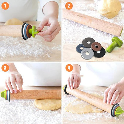 Rolling Pin with Adjustable Thickness Ring and Silicone Baking Mat