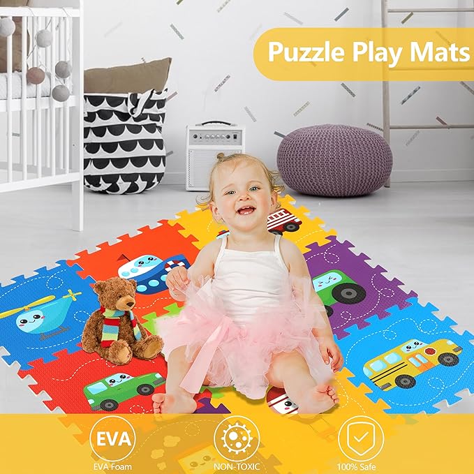 Baby Play Mat, Foam Playmat for Babies, Kids Play Mat, Foam Floor Tiles 34×34 9 Pieces Vehicle Puzzle Mat