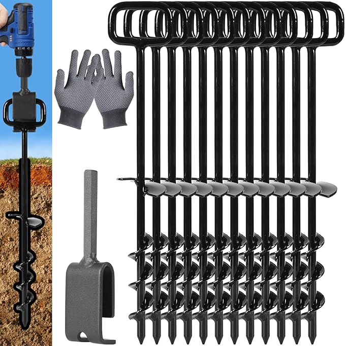 16In Tent Stakes with 12PCS Heavy Duty Adapter, Screw Ground Anchors, Tree Straightening Kit, Mobile Home Anchors (Black)