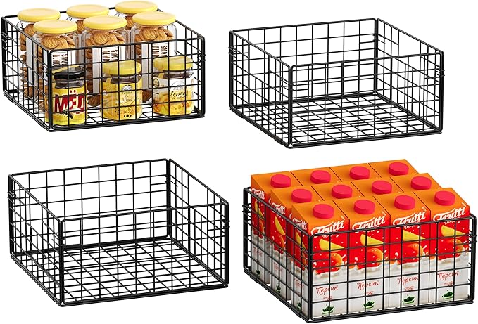 X-cosrack Metal Wire Basket Organizers Foldable & Wall Mounted Freezer Organizer Bins with Handles 4 Pack- Extra Large Mesh Bin for Pantry Organization Kitchen Laundry Closet Garage Patent Design