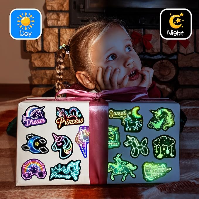 51 Pcs Neon Unicorns Stickers for Kids Glow in The Dark, Rainbows Sticker for Water Bottle, Vinyl Waterproof Laptop Decals for Teens Girls Boys, Students Adults Sticker Pack