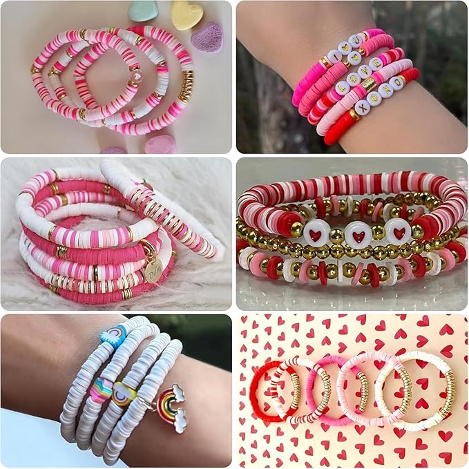 4000pcs Pink Clay Beads for Bracelets Making Kit, 6mm Heishi Polymer Flat Round Disc Clay Beads for Jewelry Making Pink