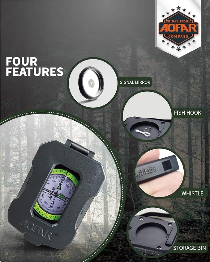 AOFAR Lensatic Sighting Military Compass AF-4090, Aluminum Alloy Material is Lighter, Functional with Signal Mirror Whistle Fishing Hook for Hiking, Camping, Fishing, Mountaineering, Boating, Pouch