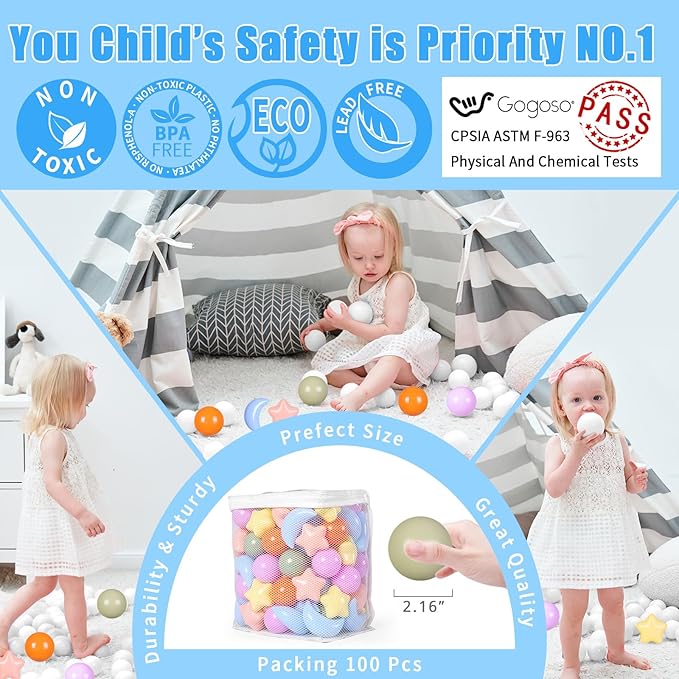 GOGOSO Ball Pit Balls Stars Moon Shapes Plastic Pitballs for Toddler Play Tent Baby Photo Props Kids Pool Water Toys Kiddie Pool Party Decor,Orange Green Blue,100pcs