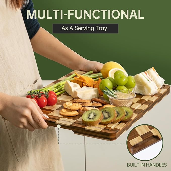 THETCHRY Bamboo Cutting Boards for Kitchen, Checkered Wooden Cutting Board
