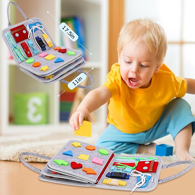 Esjay Toddler Busy Board Montessori Toys for Boys Girls, Sensory Board Educational Activities for Learning Fine Motor Skills, Birthday Gifts for Toddlers, Travel Toys for Airplane Car,Grey Dinosaur
