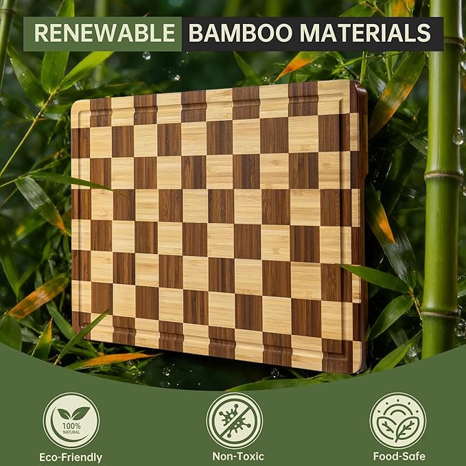 THETCHRY Bamboo Cutting Boards for Kitchen, Checkered Wooden Cutting Board