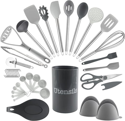COOK WITH COLOR Silicone Cooking Utensils, Kitchen Utensil Set, Easy to Clean Silicone Kitchen Utensils, Cooking Utensils for Nonstick Cookware, Kitchen Gadgets Set, 38 Piece, Gray