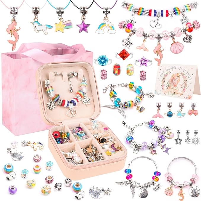 UFU Charm Bracelet Making Kit - 95Pcs DIY Jewelry Making Kit, Mermaid Gifts for Girls Crafts for Girls Ages 5 6 7 8-12, with Portable Bracelet Organizer Box
