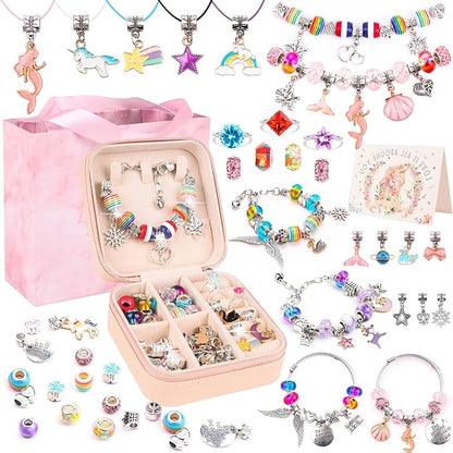 UFU Charm Bracelet Making Kit - 95Pcs DIY Jewelry Making Kit, Mermaid Gifts for Girls Crafts for Girls Ages 5 6 7 8-12, with Portable Bracelet Organizer Box