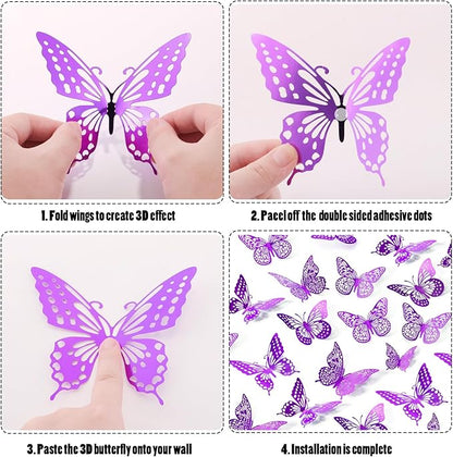 SAOROPEB 3D Butterfly Wall Decor - 48 Pcs, 4 Styles, 3 Sizes - Purple Butterfly Decorations for Birthday Parties, Removable Stickers