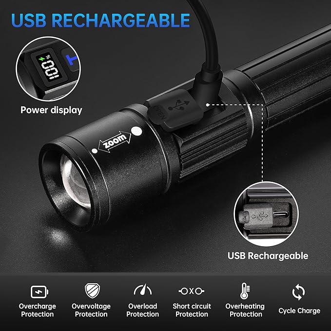 Rechargeable Flashlights 2 Pack, Super Bright High Lumens Flash Light, 5 Modes Zoomable Linternas with LCD Digital Display, Powerful Handheld LED Flashlights for Emergencies Camping