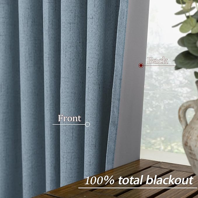 KOUFALL Bathroom Curtains Window, Calming Coastal Dusty Blue Linen Blackout