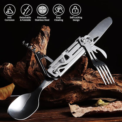 Camping Utensils, 6-In-1 Detachable Stainless Steel Camping Flatware Multi-tool kits with Spoon Fork Knife Corkscrew Bottle&Can Opener, Folding Portable Cutlery Set for Travel Hiking Picnic