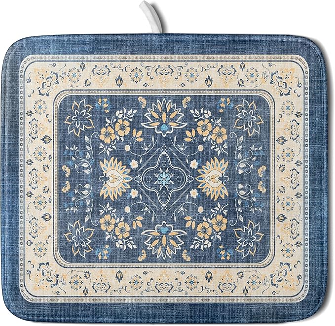Blue Boho Dish Drying Mat for Kitchen Counter 16x18 Inch Fast Dry Drying Pad