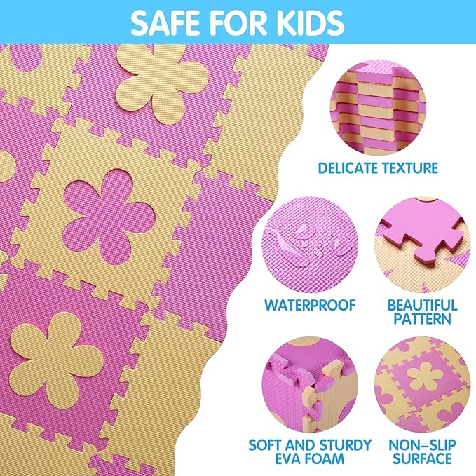 Foam Play Mat for Kids，25Pcs Square Interlocking Puzzle Floor Mat，Baby Play Mat Floor Mat Foam Puzzle Playmat for Toddlers with Fence（Pink Flower-CSH032