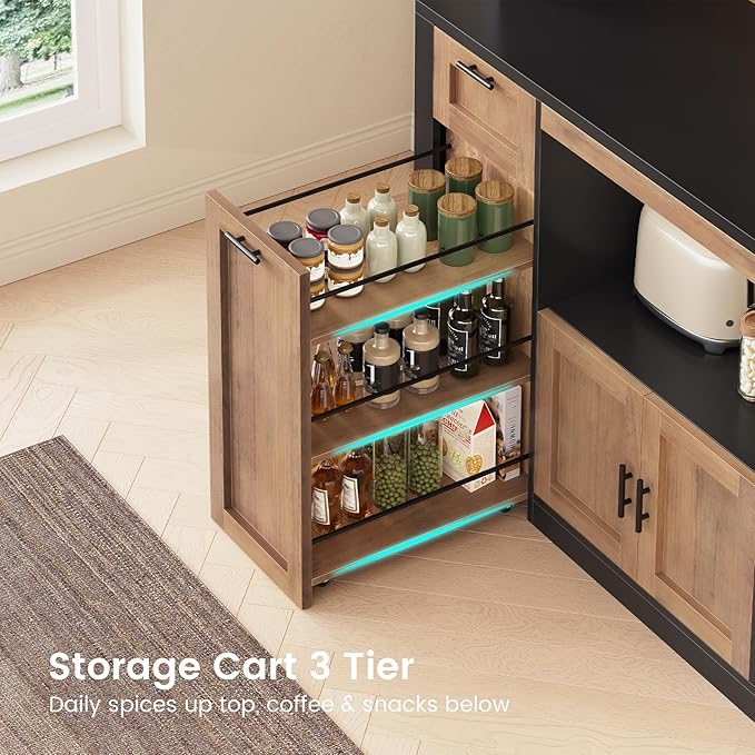 Itaar 71" Pantry Cabinet with Charging Station and LED Light, Kitchen Pantry Cabinet with Microwave Stand, 47.2" Wide Kitchen Storage Cabinets with Storage Cart 3 Tier for Dining Room (Brown)