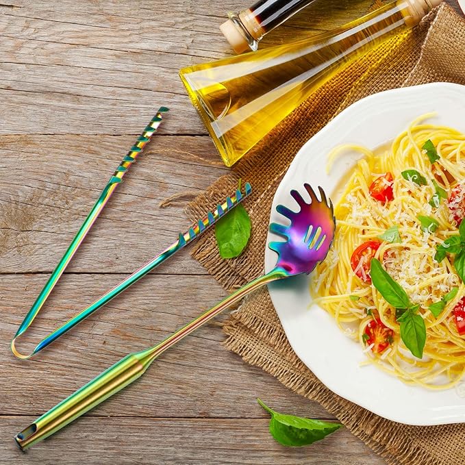 Patelai 2 Pcs Stainless Steel Pasta Spoon with Teeth Large Spaghetti Utensil, 9.4'' Tong and 13.6'' Pasta Fork with Vacuum Handle, Comfortable Grip Design Spoons for Kitchen(Colorful)
