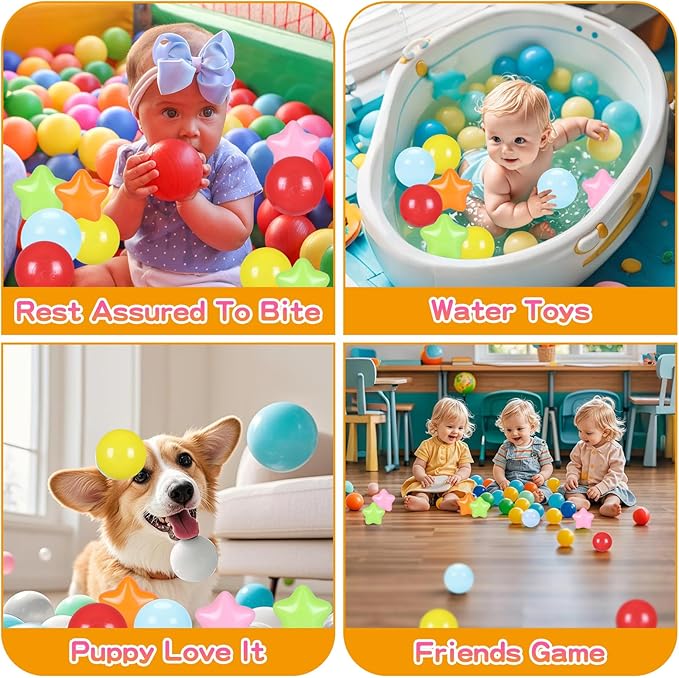 Ball Pit Balls Pack of 100 200 500 - Star and Round Set BPA Free Phthalate Free Non-Toxic Crush Proof Play Balls Soft Plastic Balls for Toddlers Baby Kids Birthday Pool Tent Party
