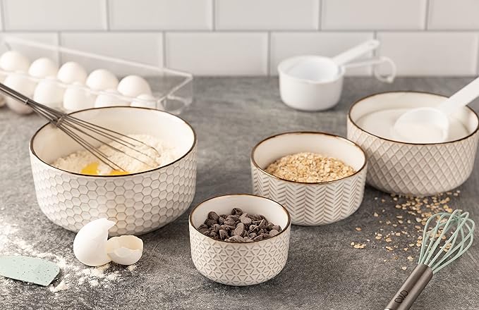 KooK Serving Bowls, with Lids, Ceramic Nesting Bowls, Microwave and Dishwasher
