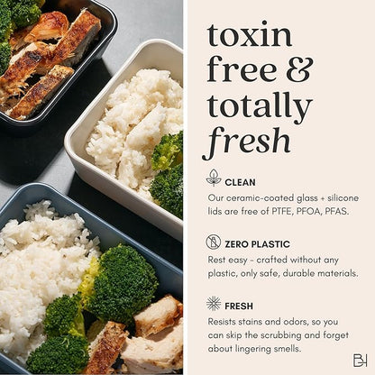 Ceramic Coated Glass Food Storage Container | No PTFE, PFOA, PFAS, and BPA | Reusable Non Toxic Meal Prep Container with Glass Lid | Easy To Store | 5 Cup Square [Smoke]