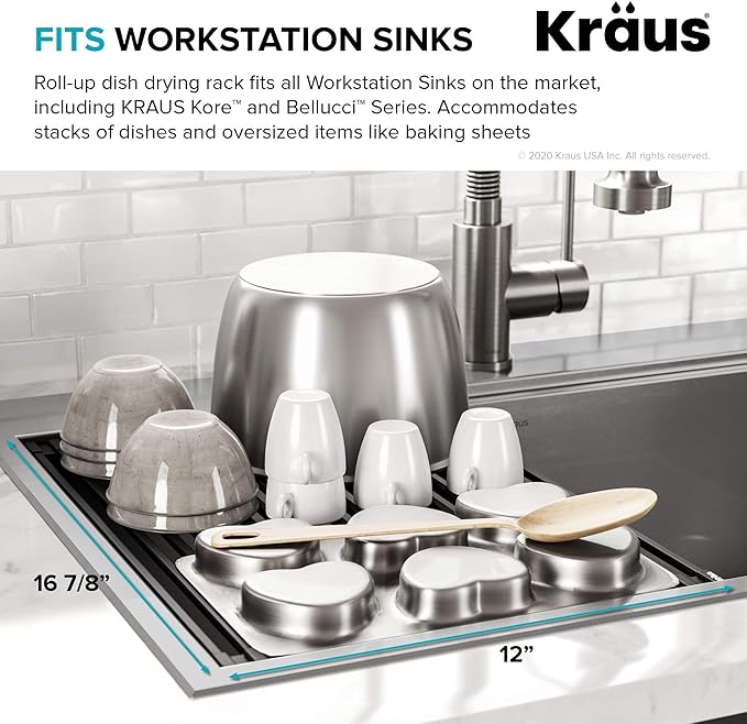 Kraus Multipurpose Workstation Sink Roll-Up Dish Drying Rack, Colander and