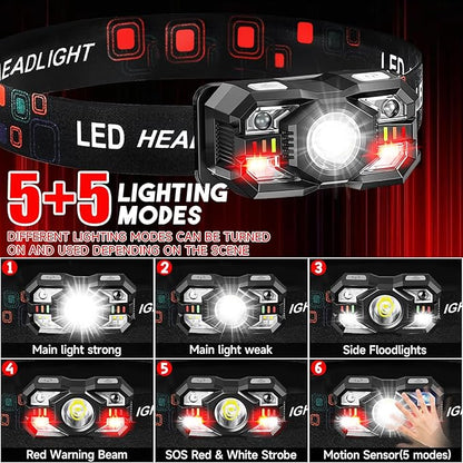 Headlamp Rechargeable 2Pack, 3000 Lumen Ultra-Light Bright Headlamp Flashlight with White Red Light, LED Headlight Motion Sensor, 5+5 Mode for Outdoor Camping Fishing Running Hiking