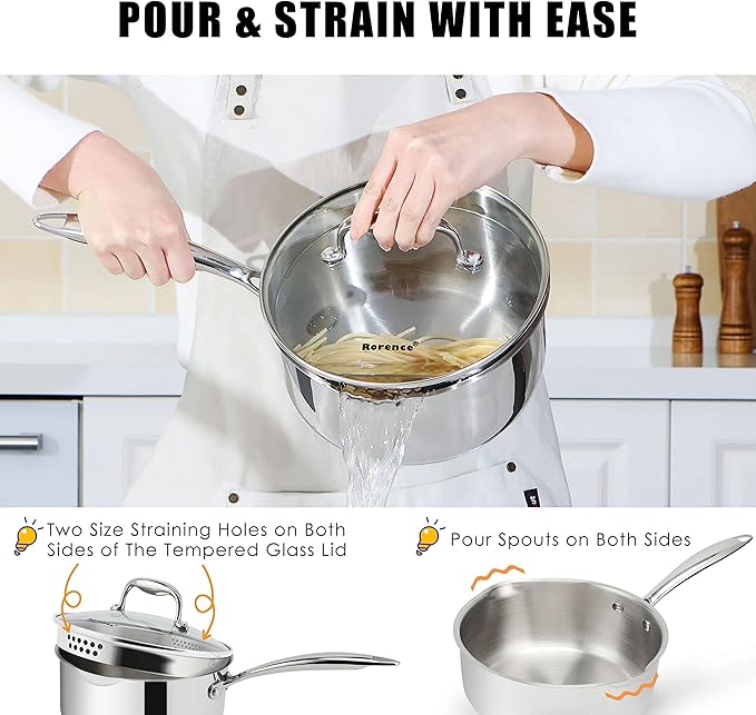 Rorence 3-Quart Saucepan with Lid: Pour and Strain Stainless Steel Sauce Pan