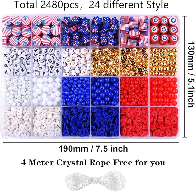 2480pcs President's Independence Day Polymer Clay Beads Charms Friendship Bracelet Necklace Earring Jewelry Making kit, Accessories for Arts Crafts DIY Birthday Gifts for Girls Children American Flag