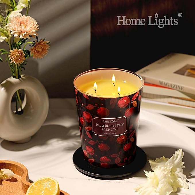 HomeLights Soy Wax Candles for Home Scented, 3-Wick Candles in Blackcherry Merlot Scented, Aromatherapy Candles Gift for Parties, Relaxing, Eclectic Mixed Styles, 34oz